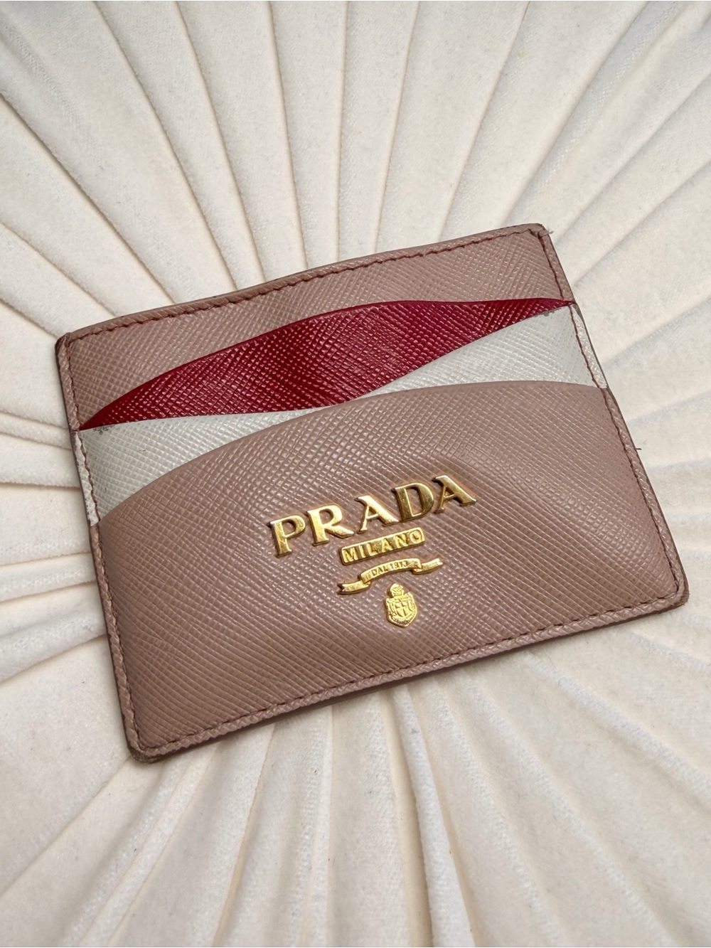 Prada Saffiano Leather Card Holder in Taupe with Red and Cream Accents